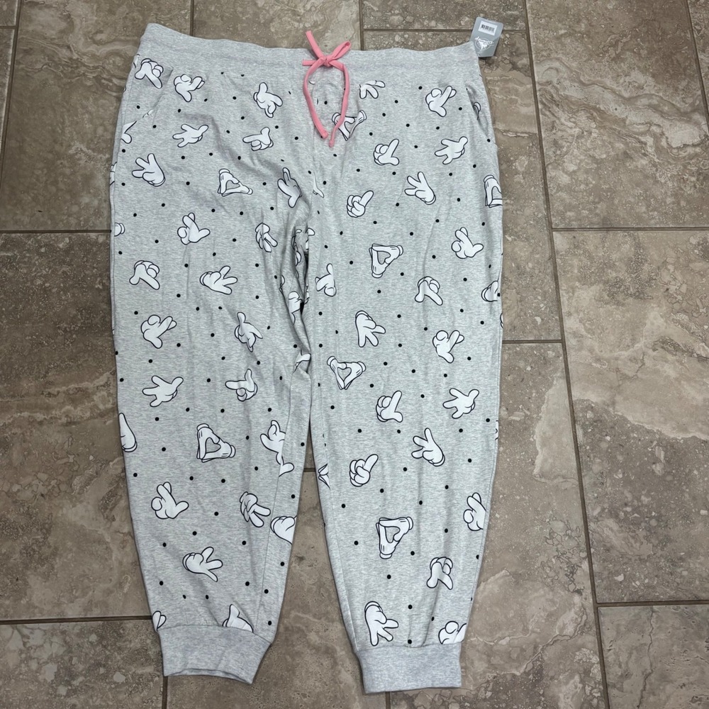 Disney Mickey Mouse Glove Print Pajama Jogger Pants Gray Pink‎ Drawstring 2X NEW